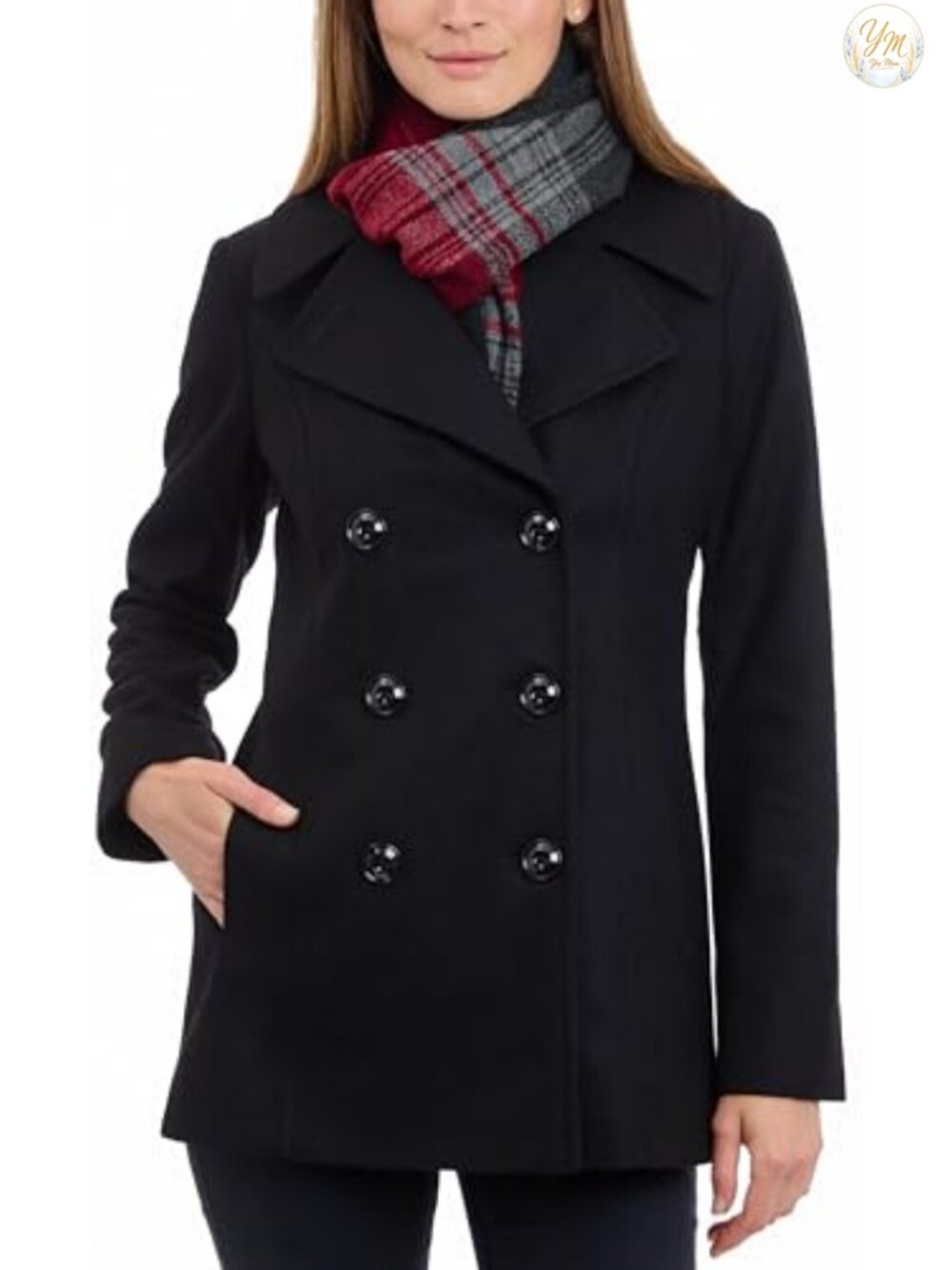Wool Blend Double Breasted Peacoat with Scarf, Patch Pockets, Long Sleeve,